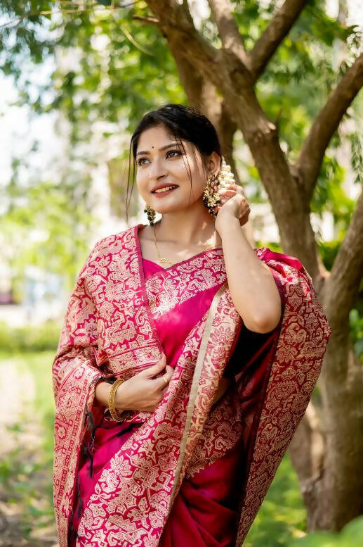 Vishnu Weaves Women's Pink Handloom Raw Silk Woven Border Saree with Unstitched Blouse - Swadesiicart
