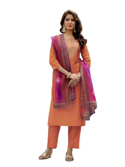 The52 Orange Women's Gorgeous Embroidered Rayon Fabric with Straight Kurta, Pant and Dupatta Set - Swadesiicart