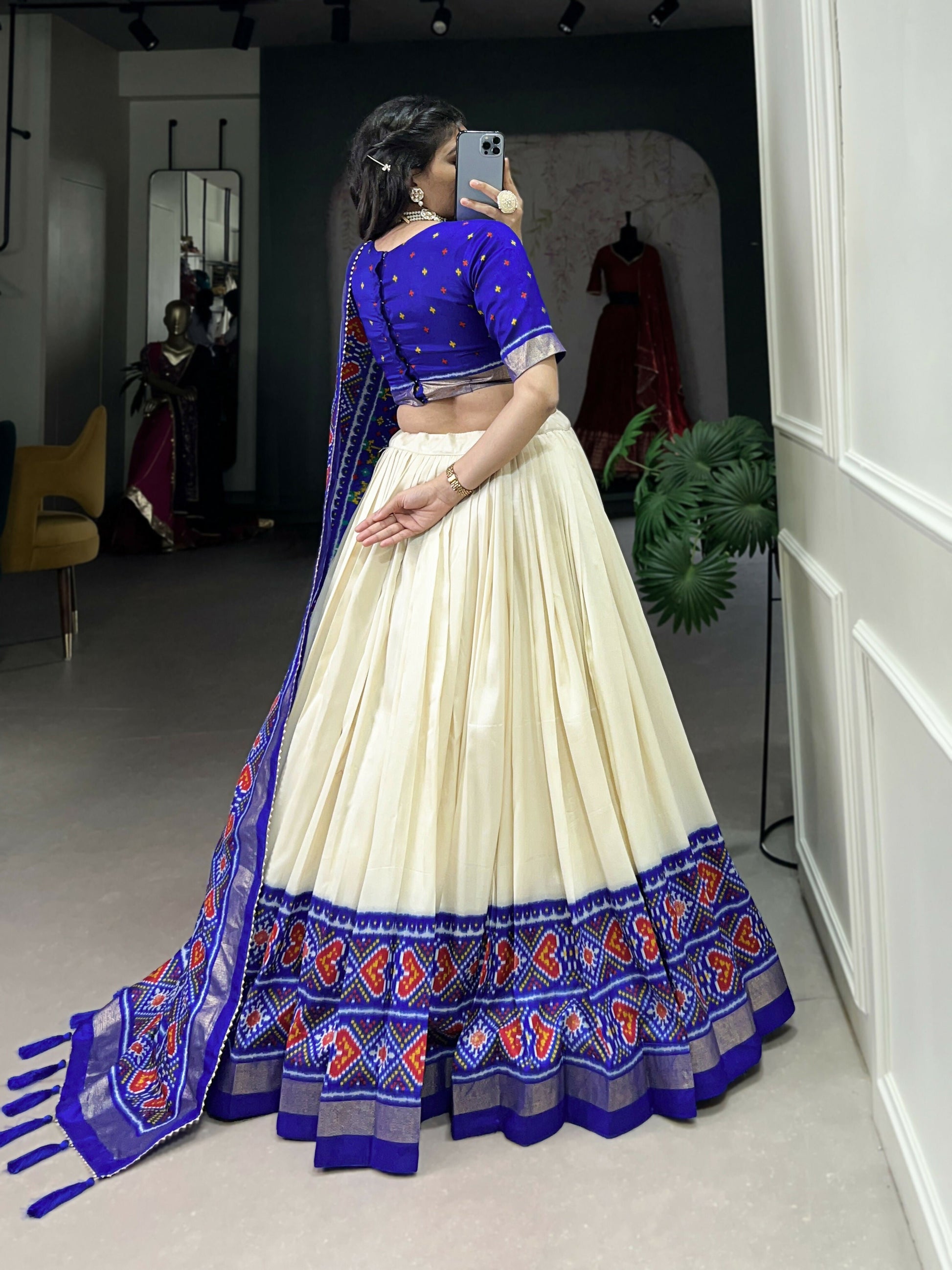 Lorenvalley Offwhite and Royalblue Tussar Silk Patola Print Lehenga Choli | Swadesiicart
