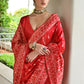 Vishnu Weaves Women's Red Handloom Raw Silk Thread Weaving Saree with Blouse - Swadesiicart