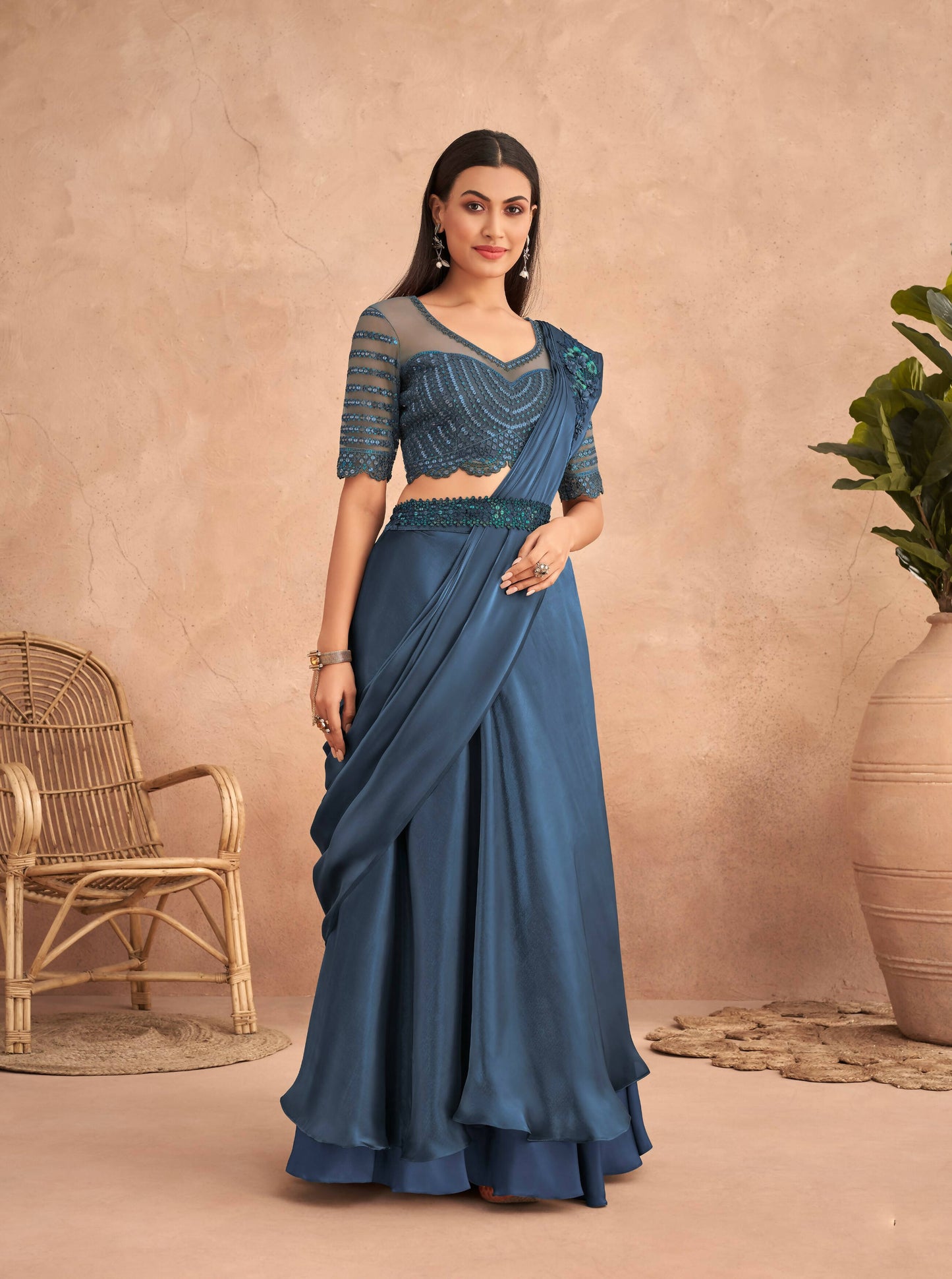 Navy Blue Satin Embroidered Ready To Wear Saree With Unstitched Blouse Piece - Nandika | Swadesiicart