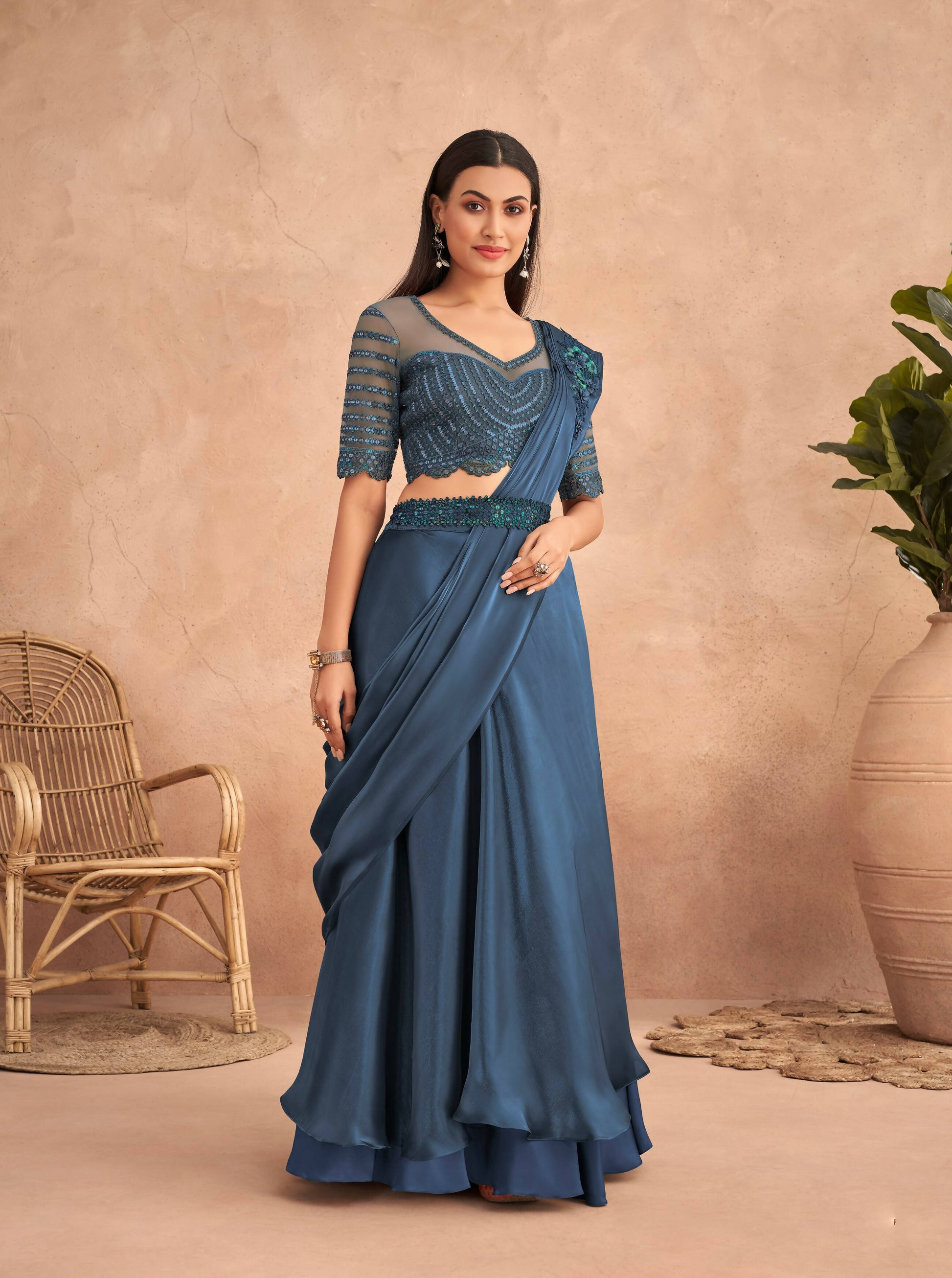 Navy Blue Satin Embroidered Ready To Wear Saree With Unstitched Blouse Piece - Nandika | Swadesiicart