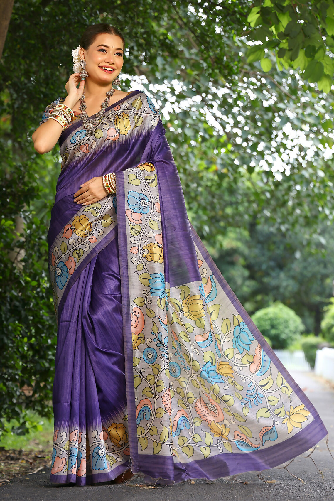 Vishnu Weaves Women's Purple Cotton Silk Woven Saree with Blouse - Swadesiicart