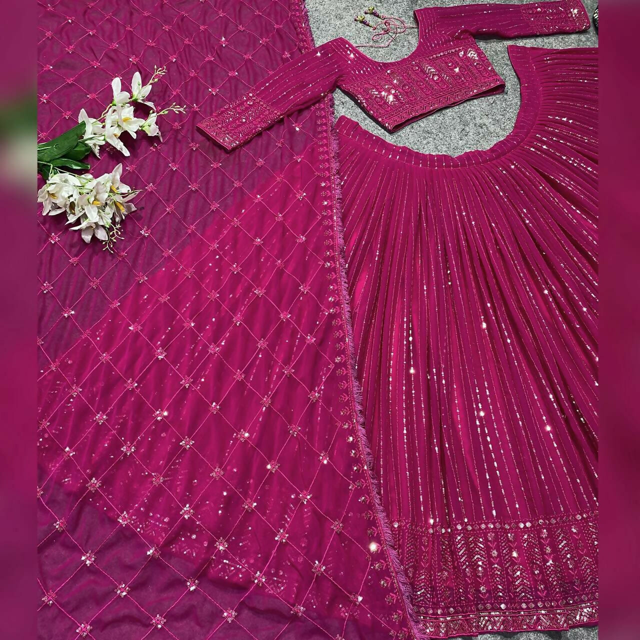 Jyoti Fashion Women's Rani Pink Faux Georgette 3MM Sequins Embroidered Designer Lehenga Choli Set | Swadesiicart