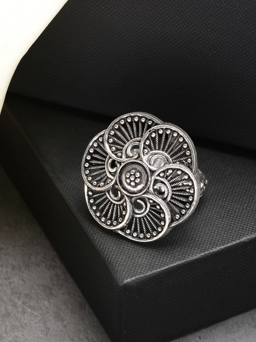 NVR Women's Silver-Toned Floral Shape Adjustable Finger Ring | Swadesiicart