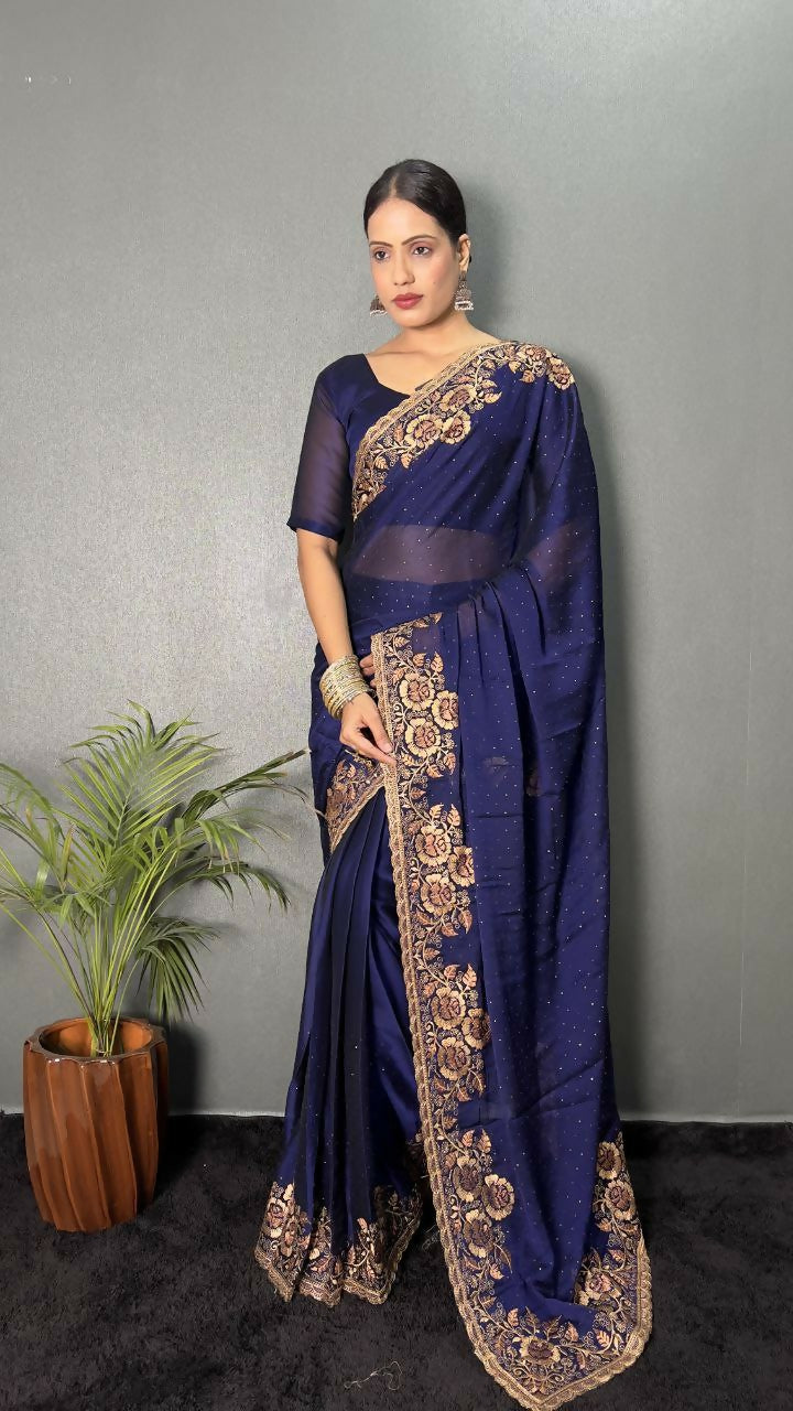 Vastranavya Blue Rangoli Silk Zari work with DMC Swarovski work Ready to Wear Saree | Swadesiicart