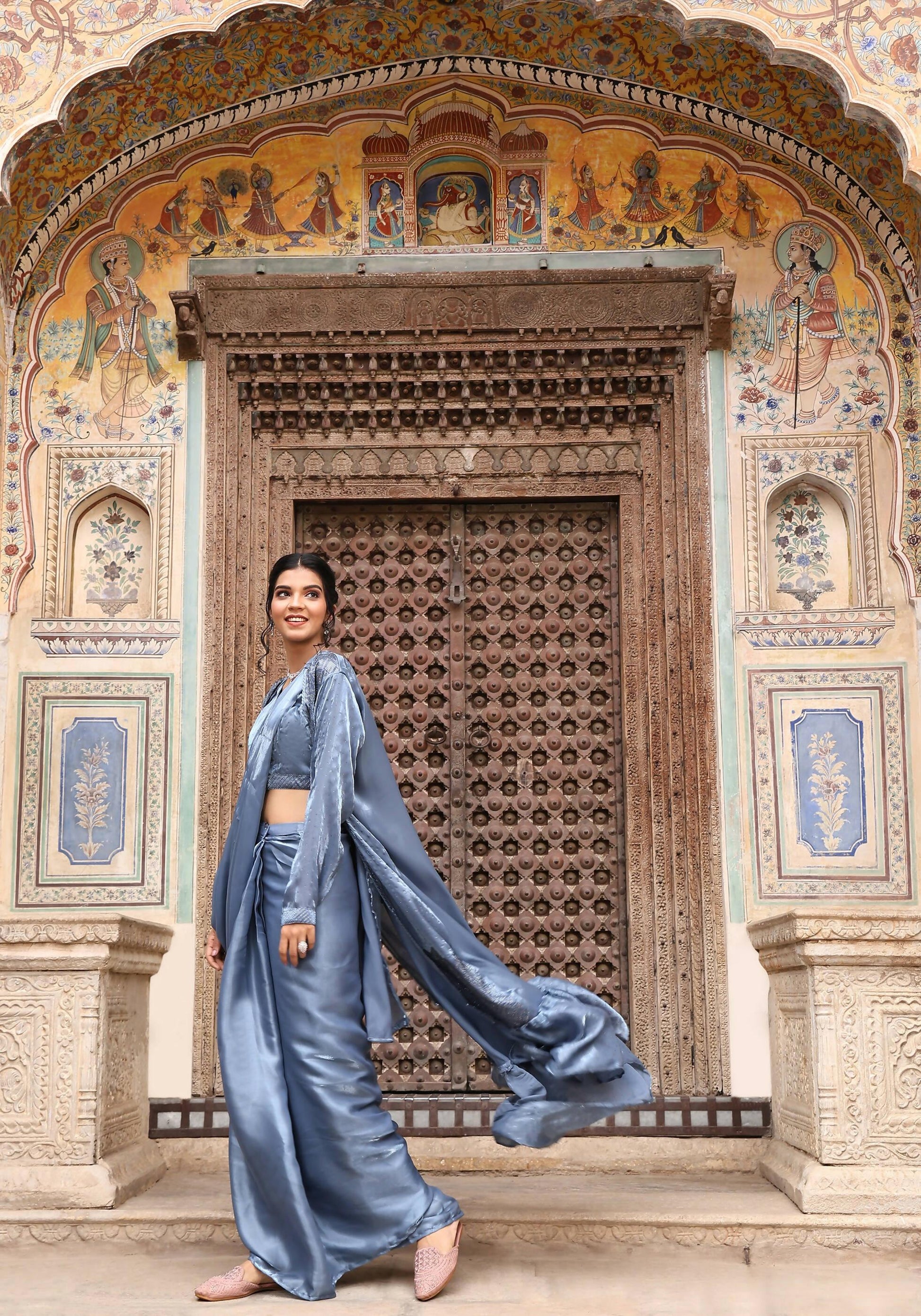 Sky Blue Tom Silk Plain Ready To Wear Saree With Stitched Blouse - Satiksha | Swadesiicart