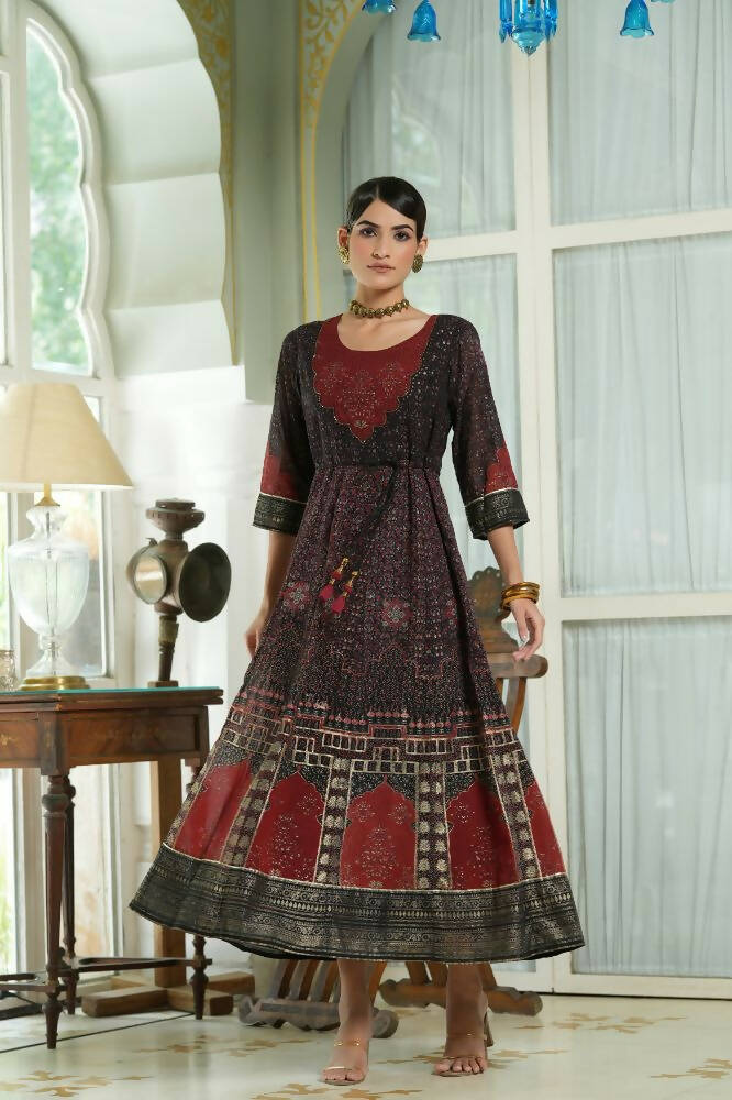 Juniper Black Georgette Festive Printed Anarkali Flared Anarkali Kurta For Women | Swadesiicart
