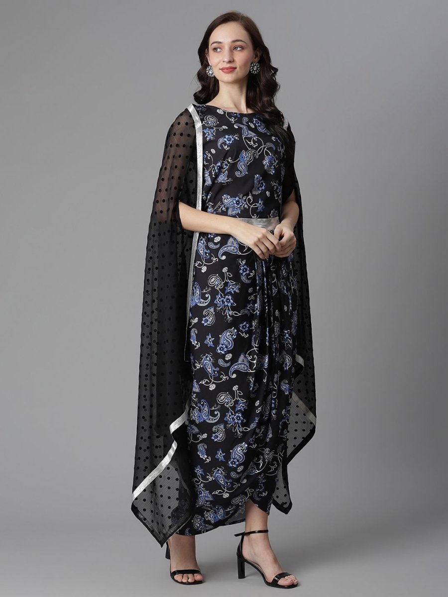 Ahalyaa Women's Black Crepe Digital Print Top Skirt With Shrug | Swadesiicart