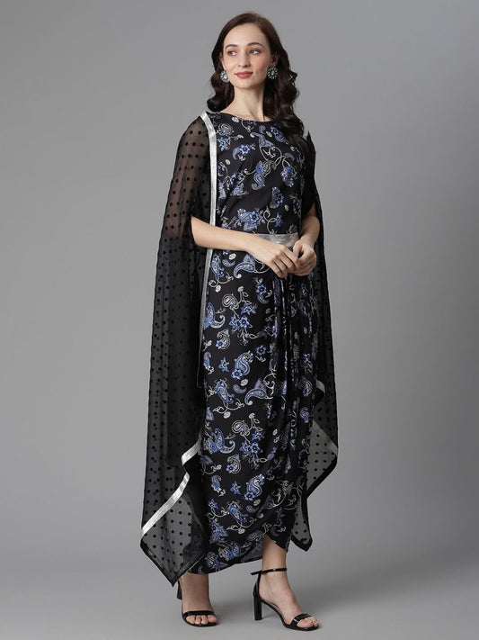Ahalyaa Women's Black Crepe Digital Print Top Skirt With Shrug | Swadesiicart