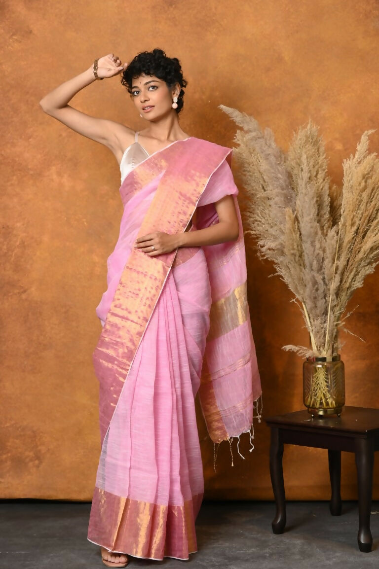 Very Much Indian Handloom Pure Cotton Linen Saree With Golden Border - Pink | Swadesiicart