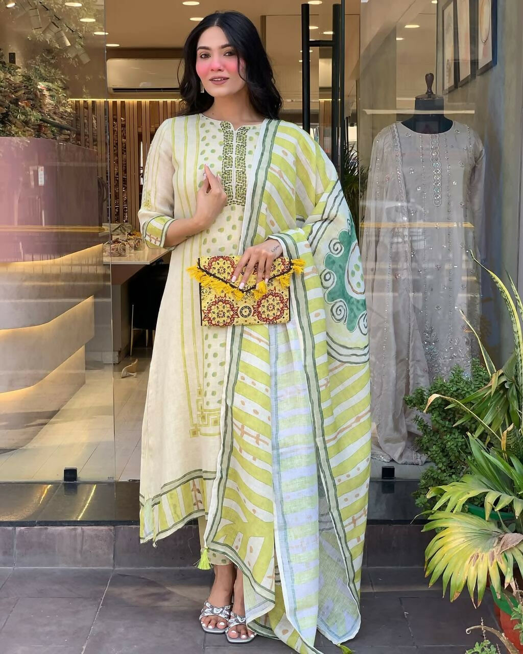 The52 Multi Women's Gorgeous Linen Silk Fabric Embroidered Work Straight Kurta Pant and Dupatta Set - Swadesiicart