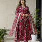 The52 Maroon Women's Gorgeous Rayon Fabric Printed Work Flared Kurta, Pant and Dupatta Set - Swadesiicart