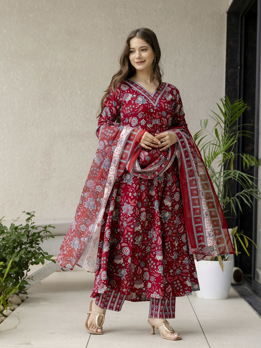 The52 Maroon Women's Gorgeous Rayon Fabric Printed Work Flared Kurta, Pant and Dupatta Set - Swadesiicart