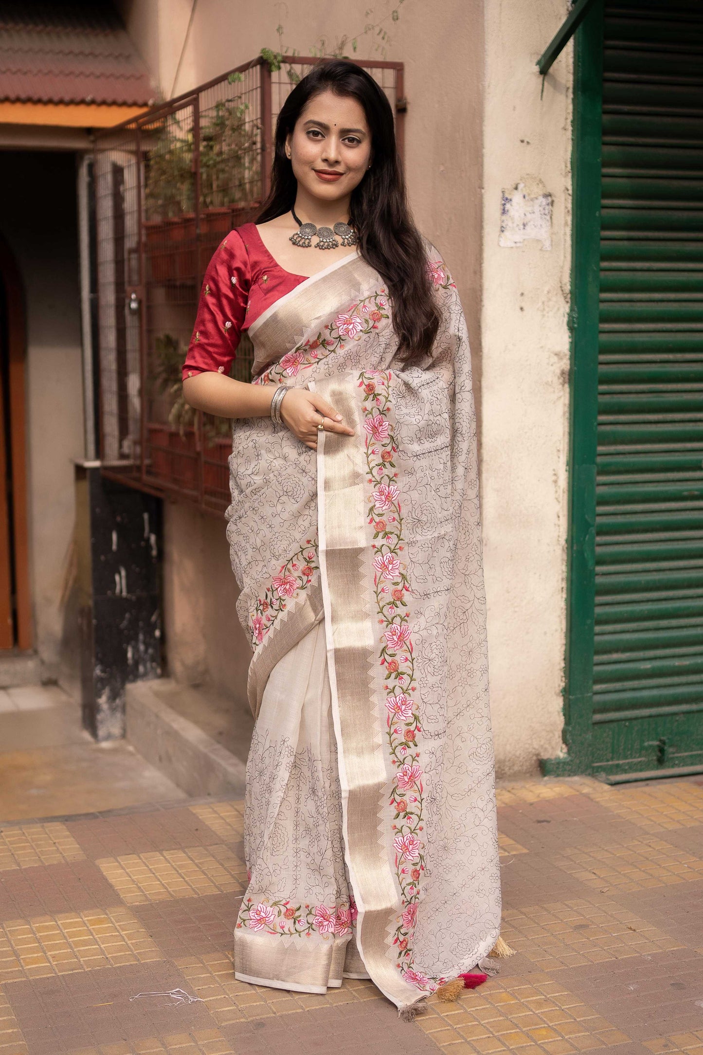 Grey Pure Linen Woven Design Saree with Unstitched Blouse - Hiral Fashion | Swadesiicart