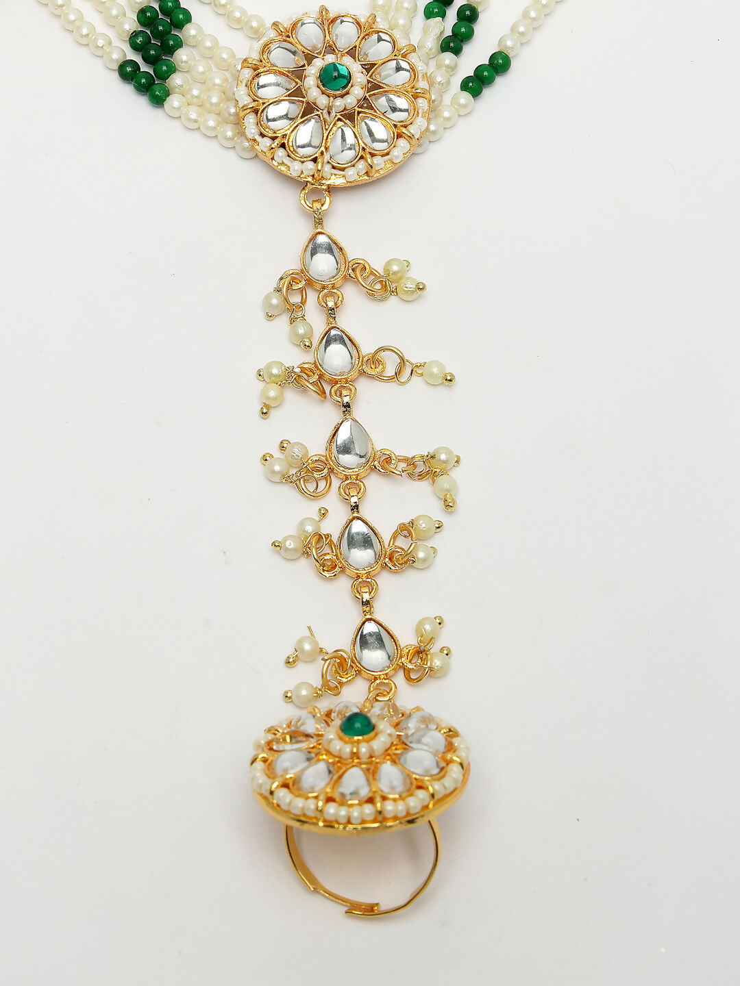 NVR Women's Green Gold-Polished Stone Studded Handcrafted Ring Bracelet - Swadesiicart