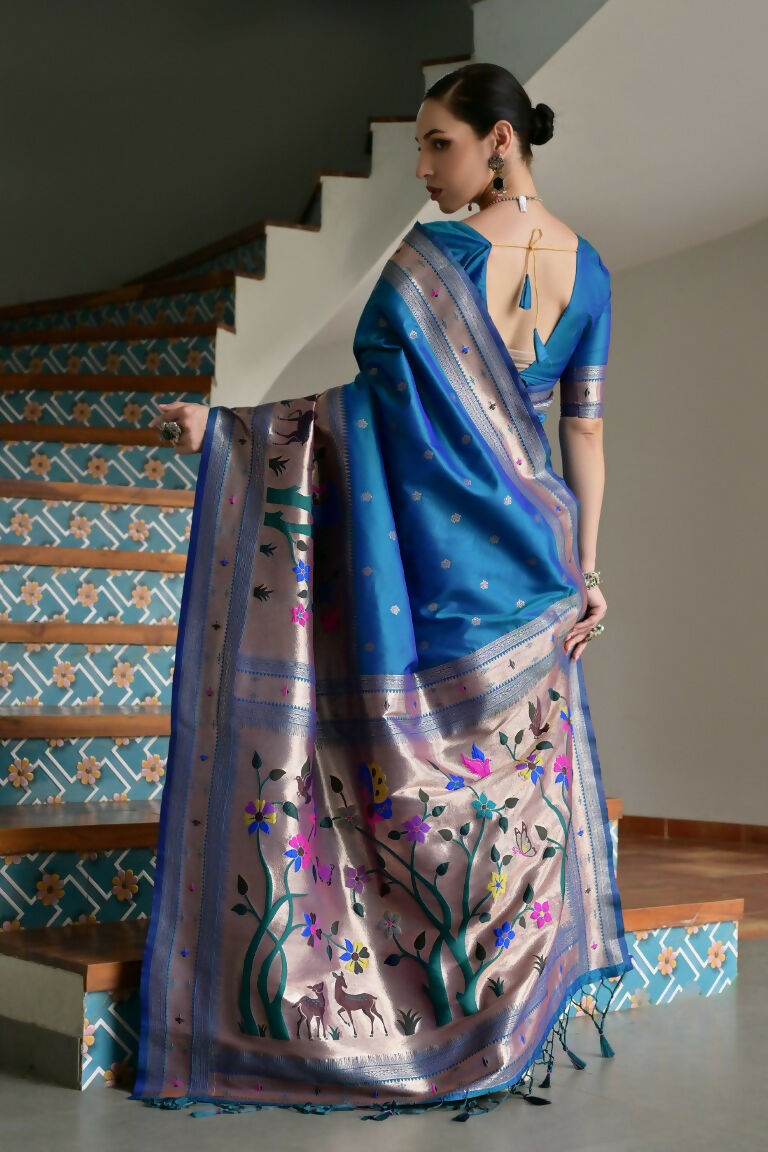 Vishnu Weaves Women's Rama Paithani Silk Zari Woven Saree with Blouse - Swadesiicart