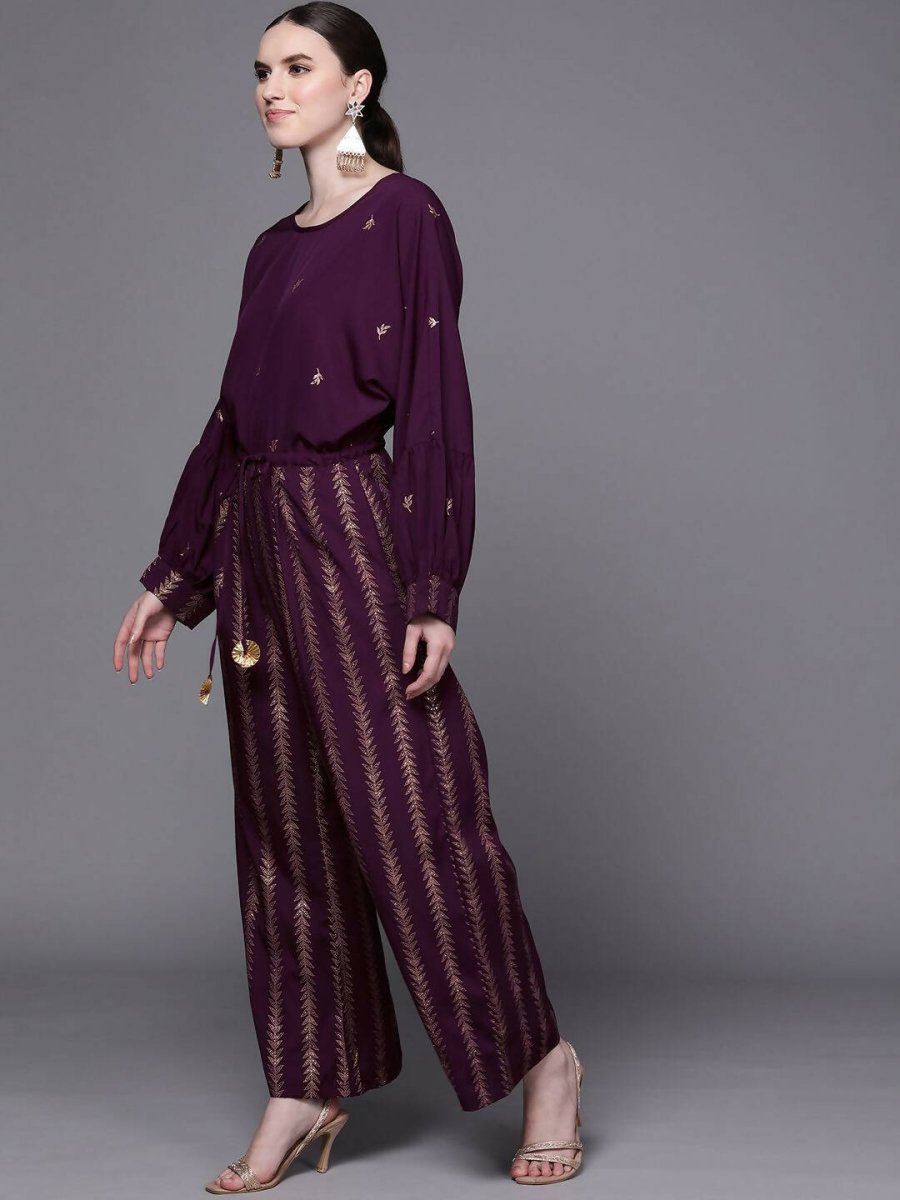 Ahalyaa Purple & Golden Printed Basic Jumpsuit - Swadesiicart