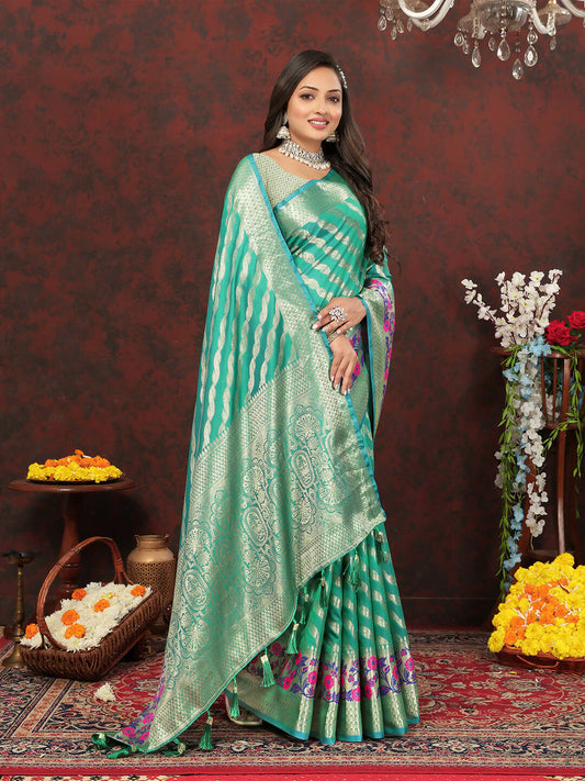 Lorenvalley Fashion Teal Soft Silk Woven Design with Zari Weaving Leheriya Design Saree - Swadesiicart