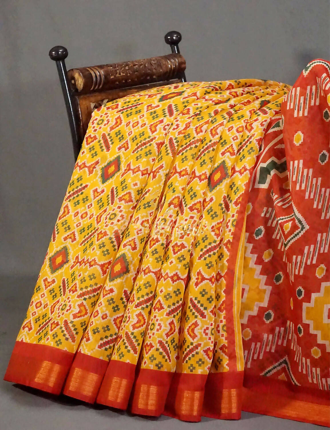 Yellow And Red Coloured Patola Print Semi Chanderi Saree By Gayathri Reddy Designer Studio | Swadesiicart