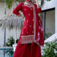 The52 Red Women's Gorgeous Embroidered Vichitra Silk Fabric Straight Kurta, Sharara and Dupatta Set - Swadesiicart