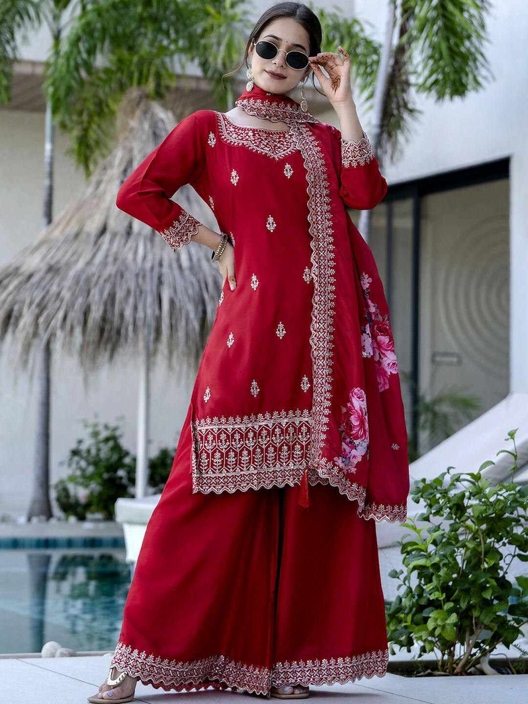 The52 Red Women's Gorgeous Embroidered Vichitra Silk Fabric Straight Kurta, Sharara and Dupatta Set - Swadesiicart