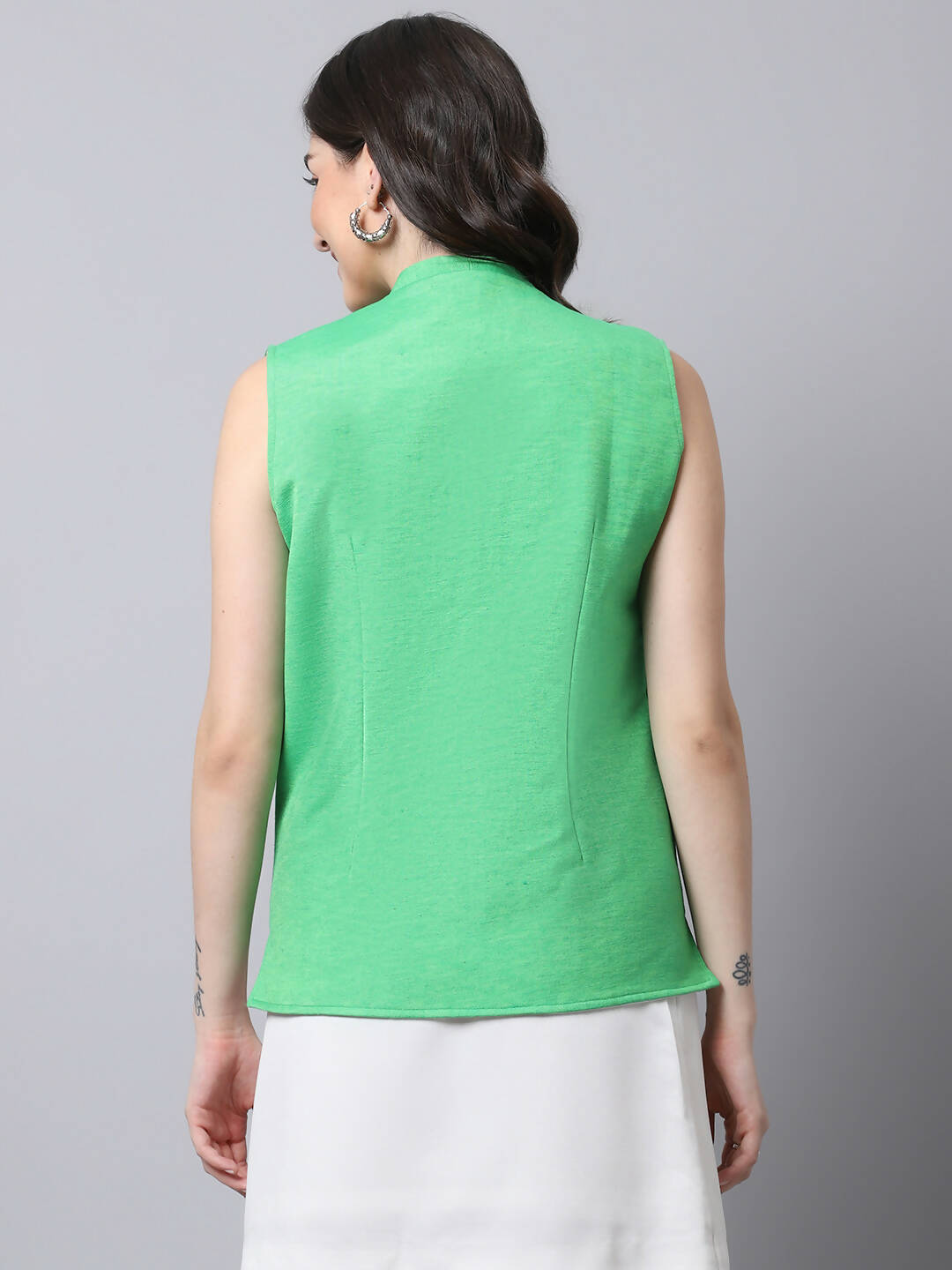 Even Apparels Green Polyblend Open Front Women's Waistcoat | Swadesiicart
