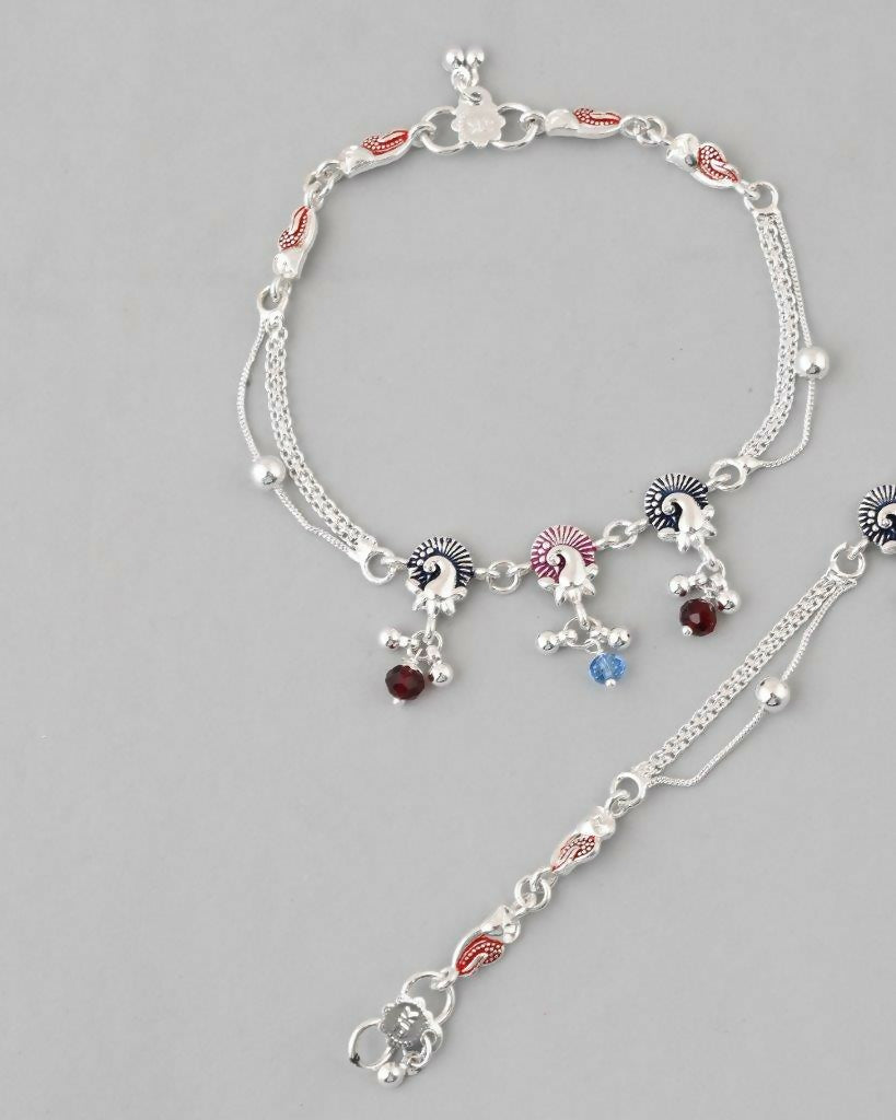 VOJ Set of 2 Silver Plated Peacock Shaped Multi Color Anklet - Swadesiicart