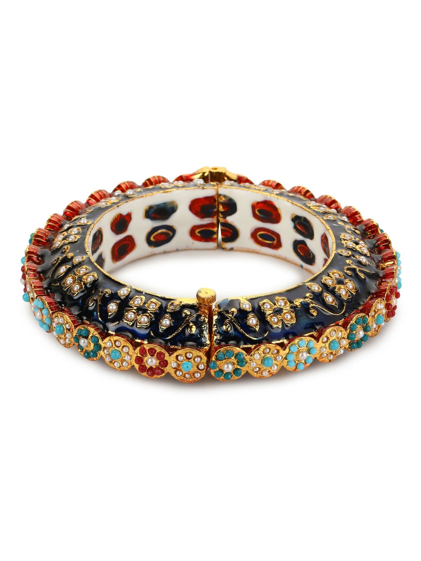 Gold-Polished Blue White Kundan Studded Pearls Beaded Bangle - Ruby Raang - Swadesiicart
