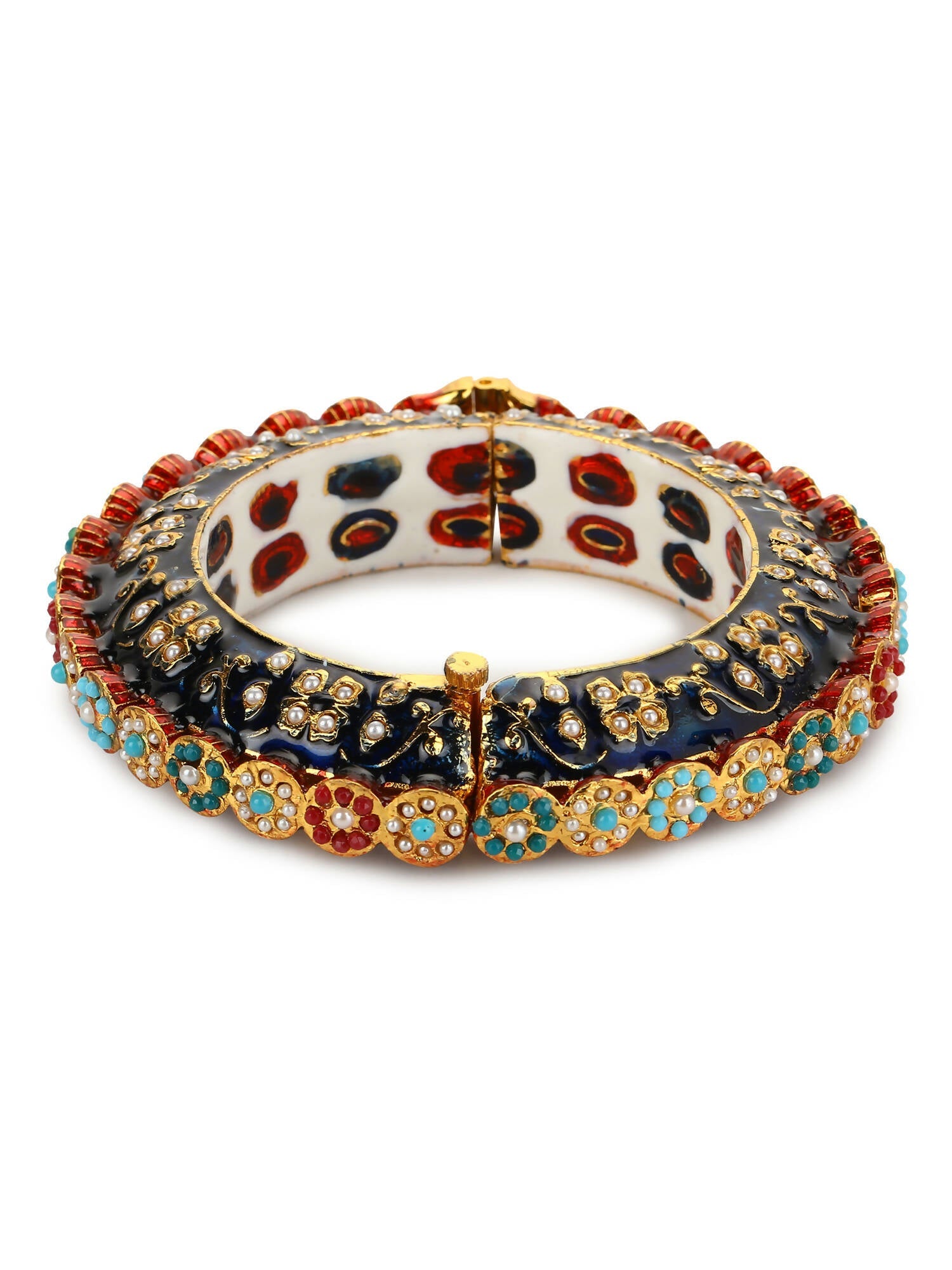 Gold-Polished Blue White Kundan Studded Pearls Beaded Bangle - Ruby Raang - Swadesiicart