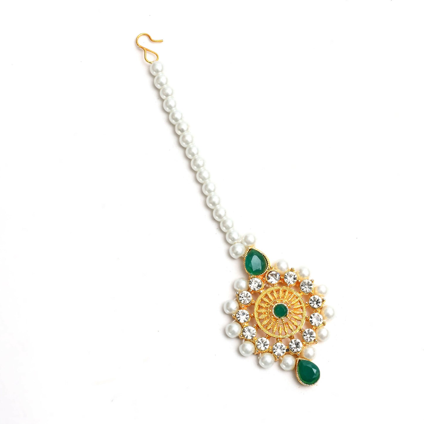 Mominos Fashion Johar Kamal Gold-Polished Rani Haar with Cream Green and Off white Pearls Jewellery Set - Swadesiicart