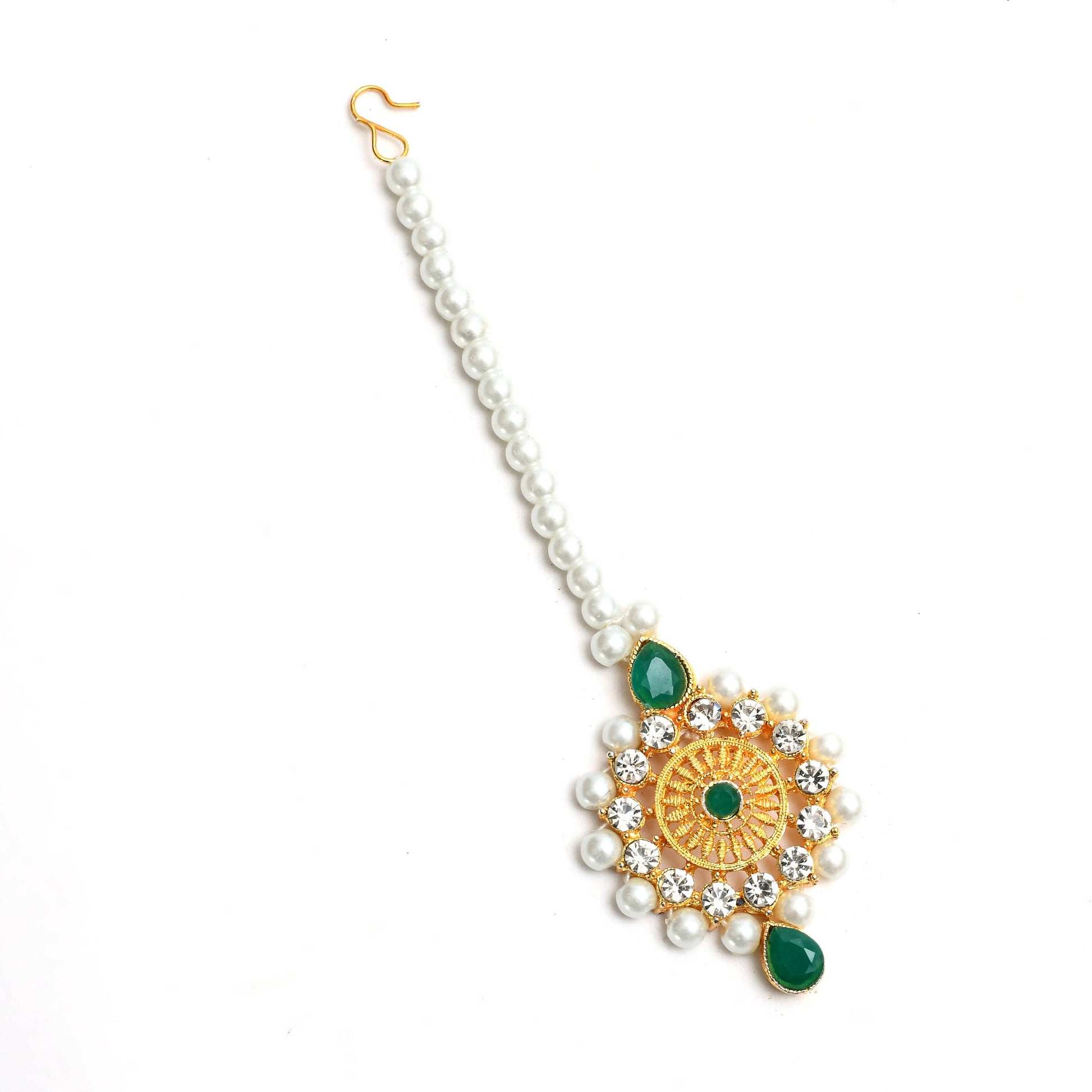 Mominos Fashion Johar Kamal Gold-Polished Rani Haar with Cream Green and Off white Pearls Jewellery Set - Swadesiicart