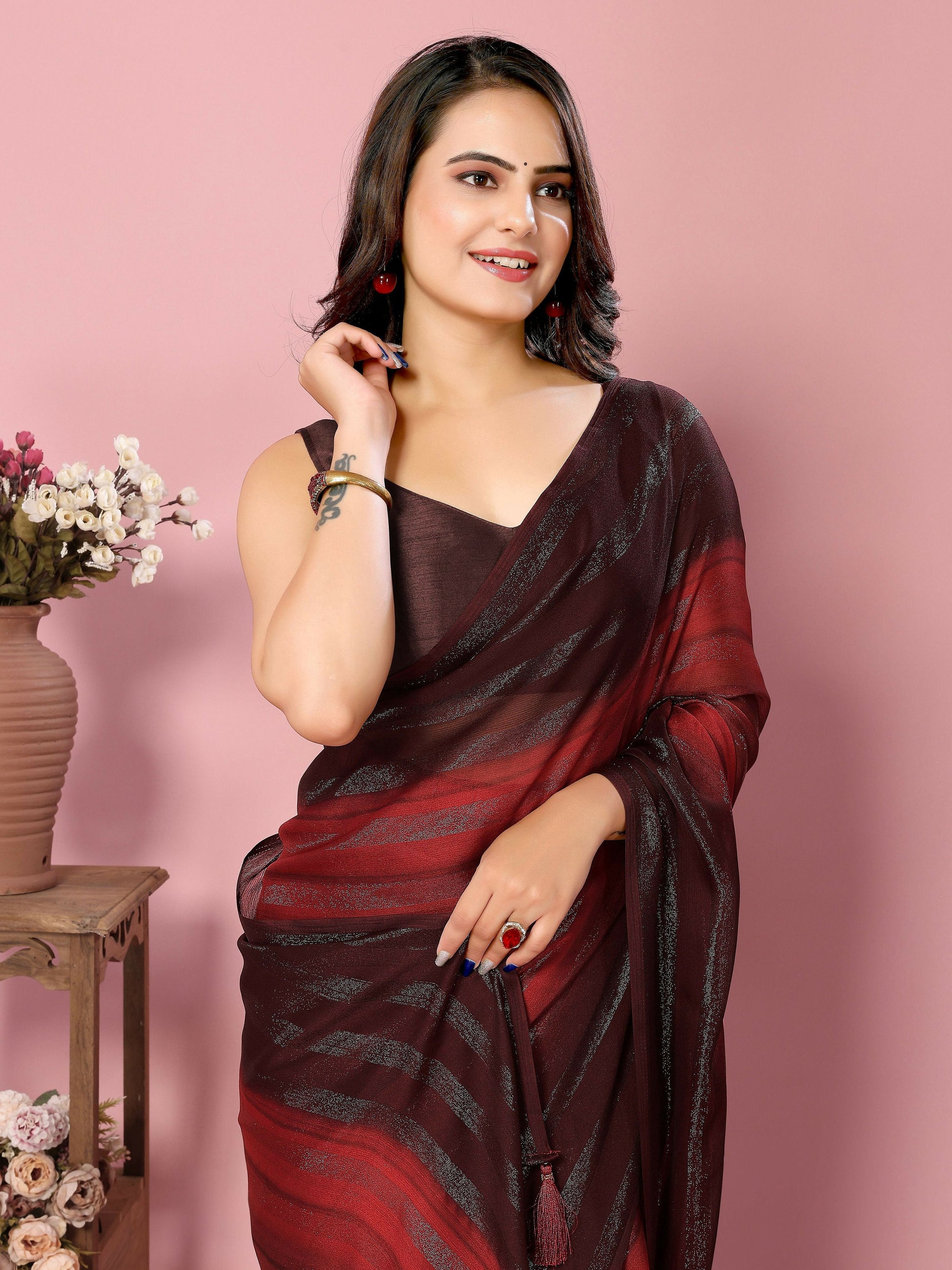 Attractive These Party Wear Ready To Wear Saree - Burgundy | Swadesiicart