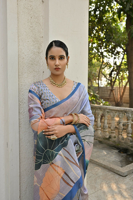 Vishnu Weaves Women's Blue Cotton Silk Saree with Blouse - Swadesiicart