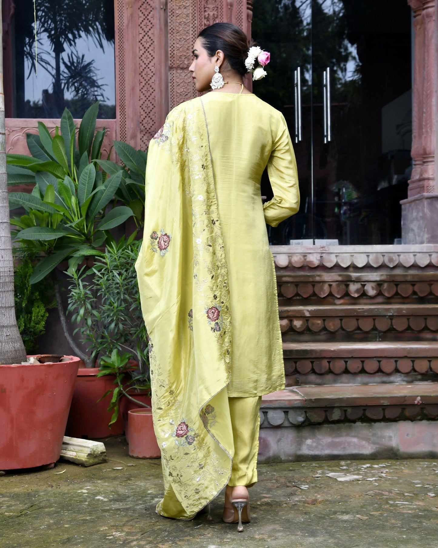 Vaasva Women's Tissue Silk Emboidered Suit Set With Solid Pant & Solid Embroidered Dupatta | Swadesiicart