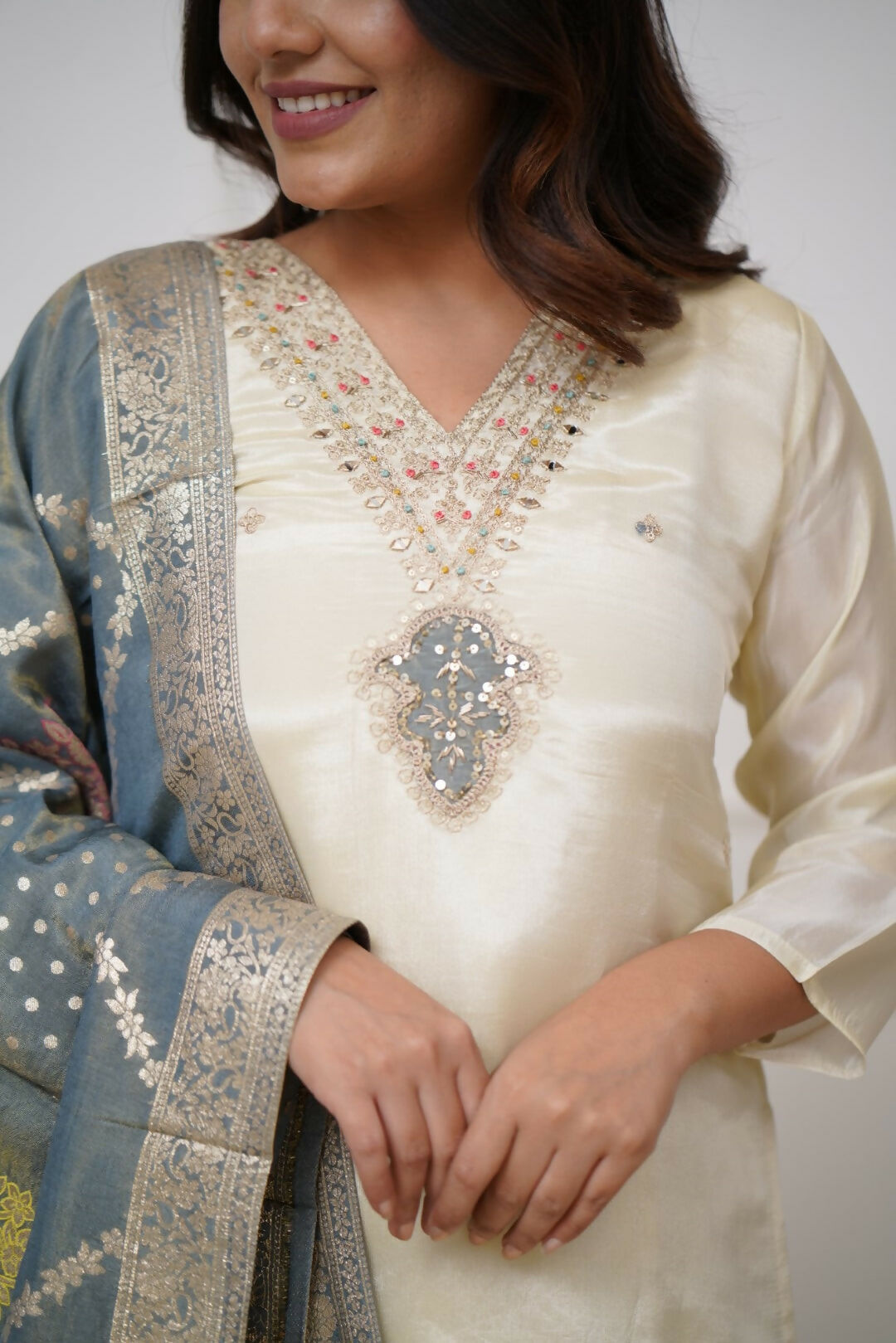 The52 Off White Beautiful Embroidered Viscose Chanderi Fabric Straight Kurta Pant with Dupatta Set - Swadesiicart