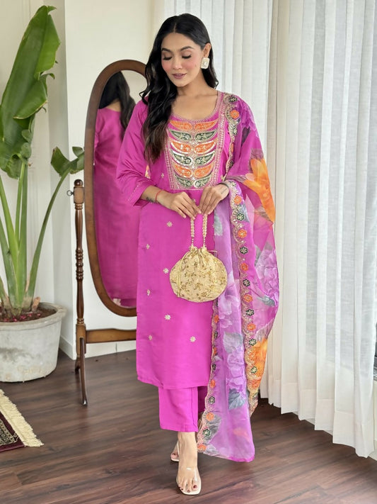 Light purple Viscose Chanderi Stitched Suit With Dupatta - Tanisha | Swadesiicart