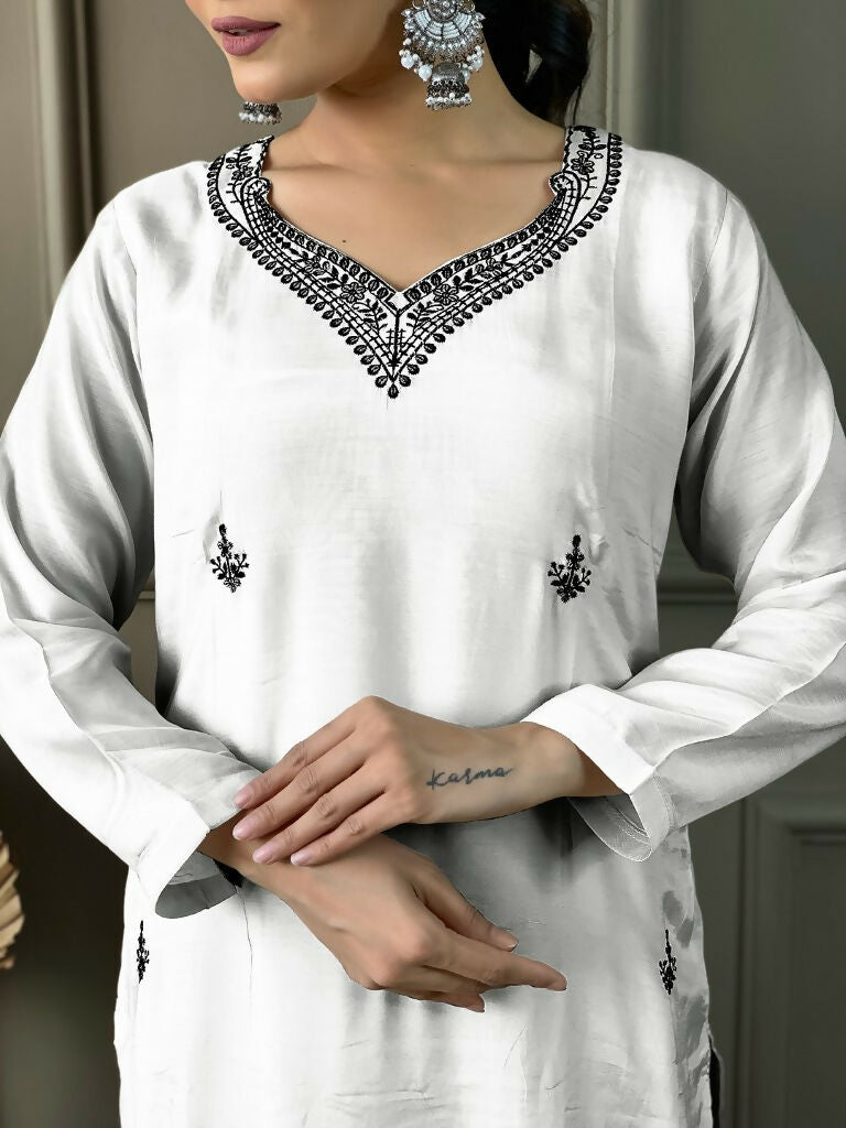 White Viscose chanderi Stitched Suit With Dupatta - Tanisha | Swadesiicart