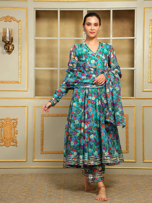 Pomcha Jaipur Blue Saadgi Phulwari Anarkali Set | Swadesiicart