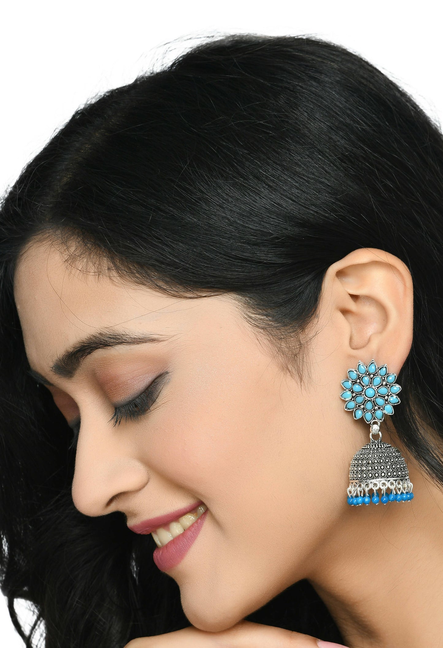 Mominos Fashion Joharkamal Kundan work Jhumka with Sky Blue Beads - Swadesiicart