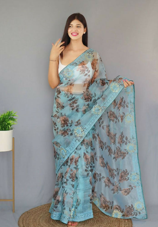 Vamsee Man Mohini Sky Organza Saree - Swadesiicart