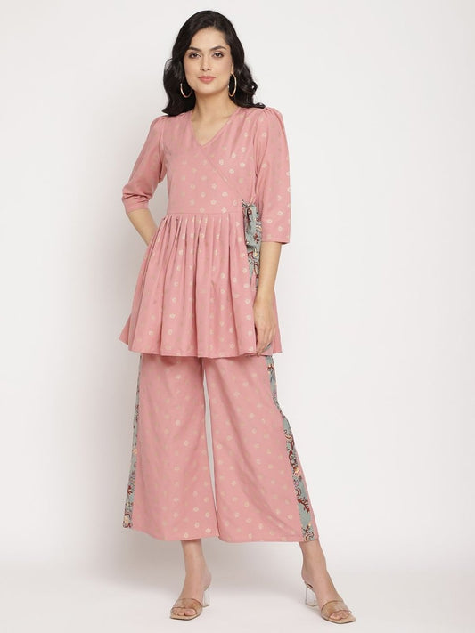 Ahalyaa Pink Ethnic Motifs Printed Angrakha Kurti With Palazzos For Women | Swadesiicart