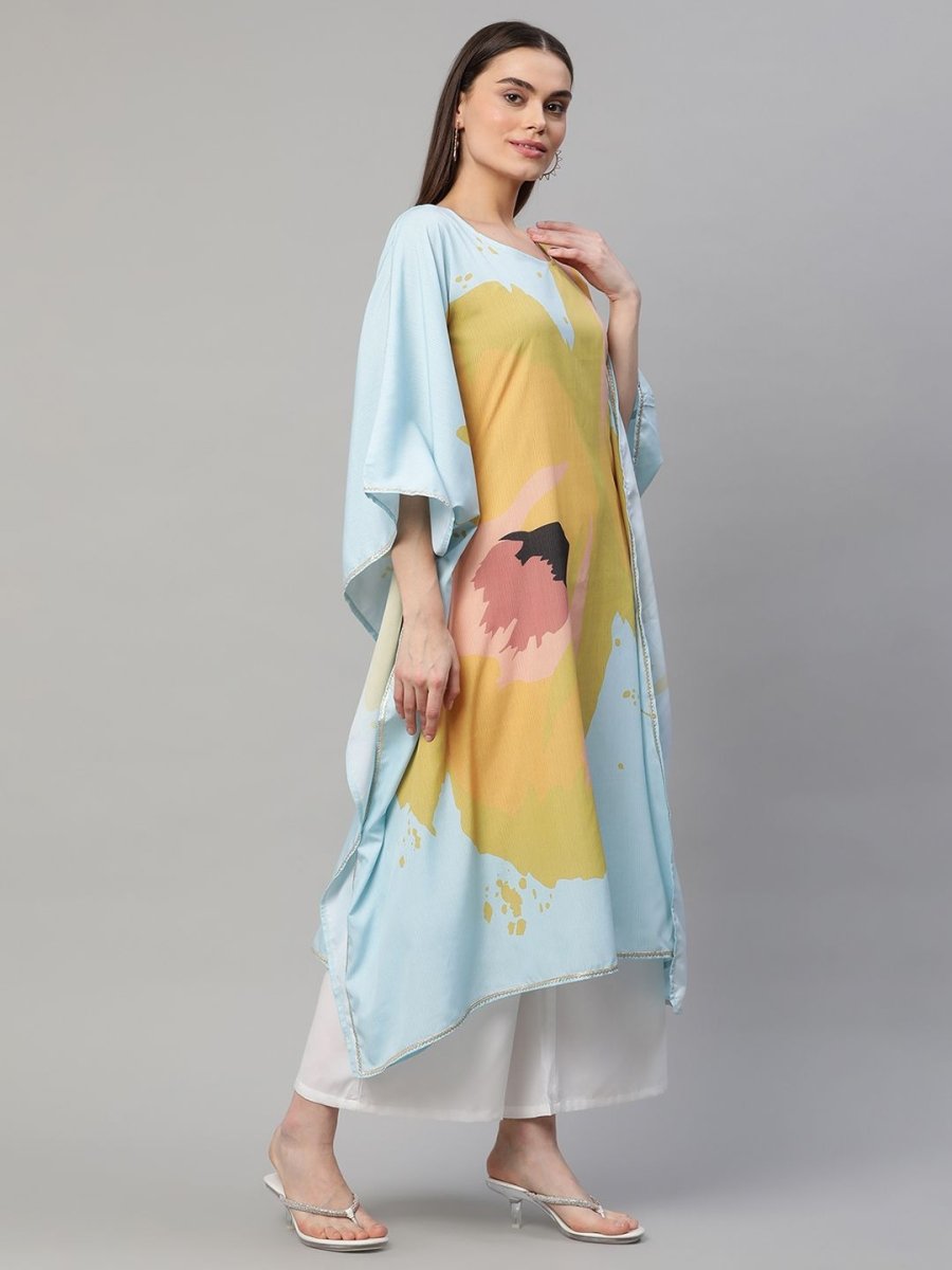 Ahalyaa Women Yellow Crepe Digital Printed Kaftan Kurta with Palazzos | Swadesiicart