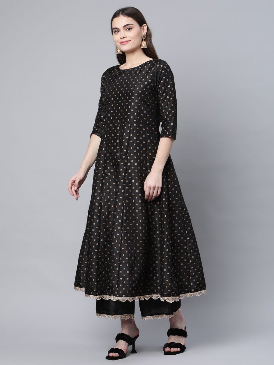 Ahalyaa Women Black Poly Silk Gold Printed Anarkali Kurta Palazzo Set With Dupatta | Swadesiicart