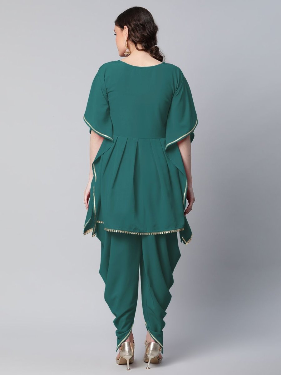 Ahalyaa Women Dark Green Crepe Glitter Printed Kurta with Dhoti Pants | Swadesiicart