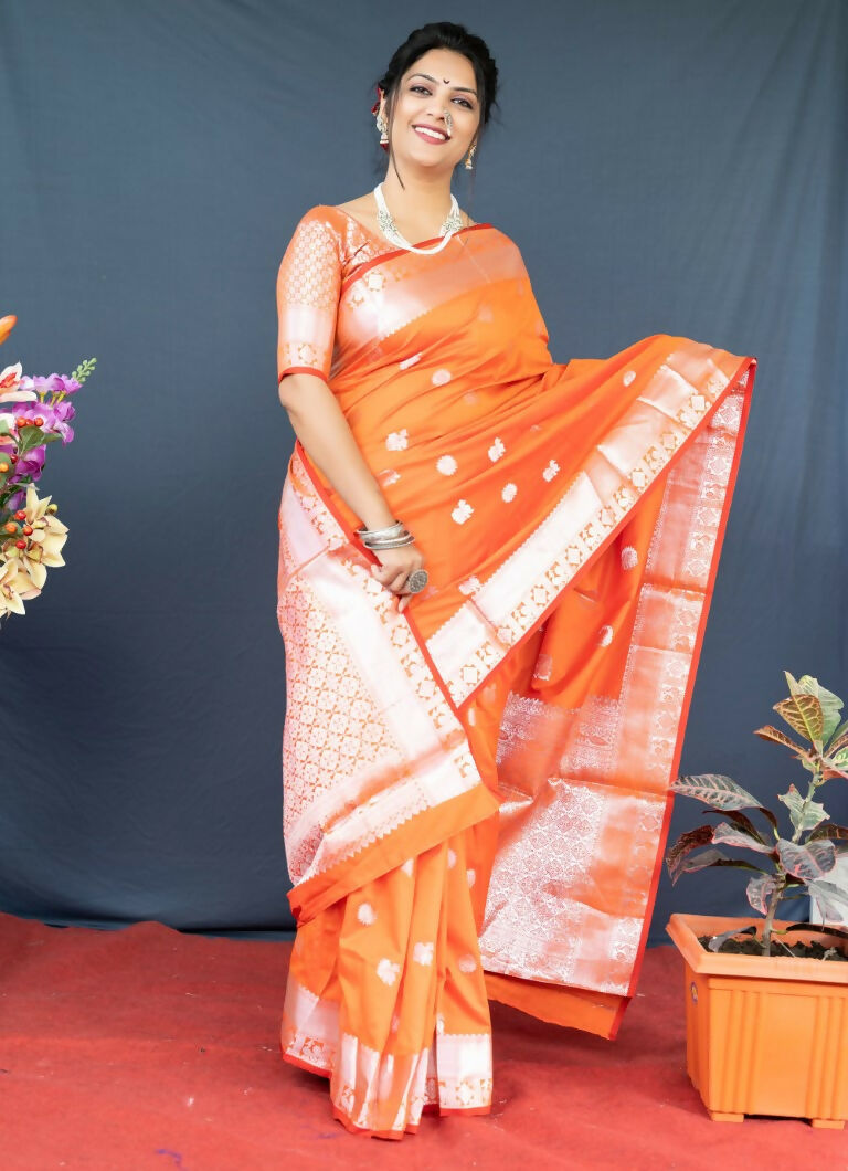 Jyoti Fashion Women's Orange Soft Banarasi Silk Zari Woven Saree with Blouse | Swadesiicart