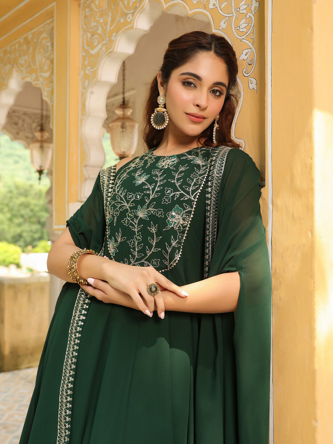 Janasya Dark Green Georgette Embroidered Dress & Jacket | Swadesiicart