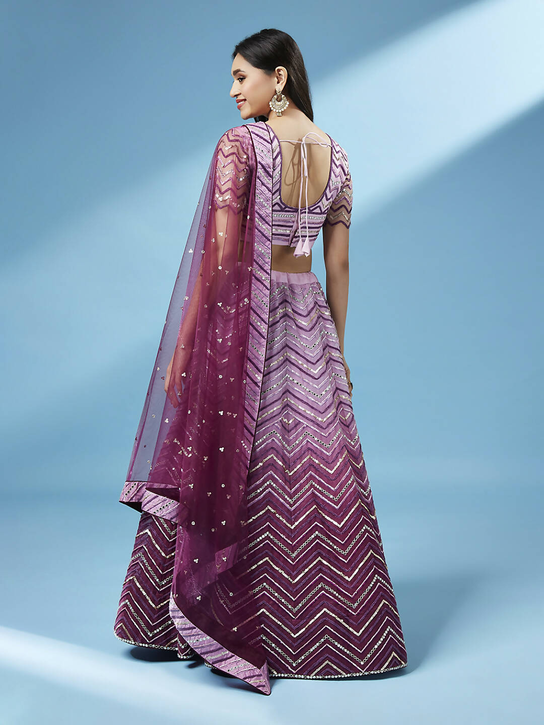 House of Panchhi Women Lavender Net Zig-Zag Embroideried Lehenga, Blouse & Dupatta | Swadesiicart