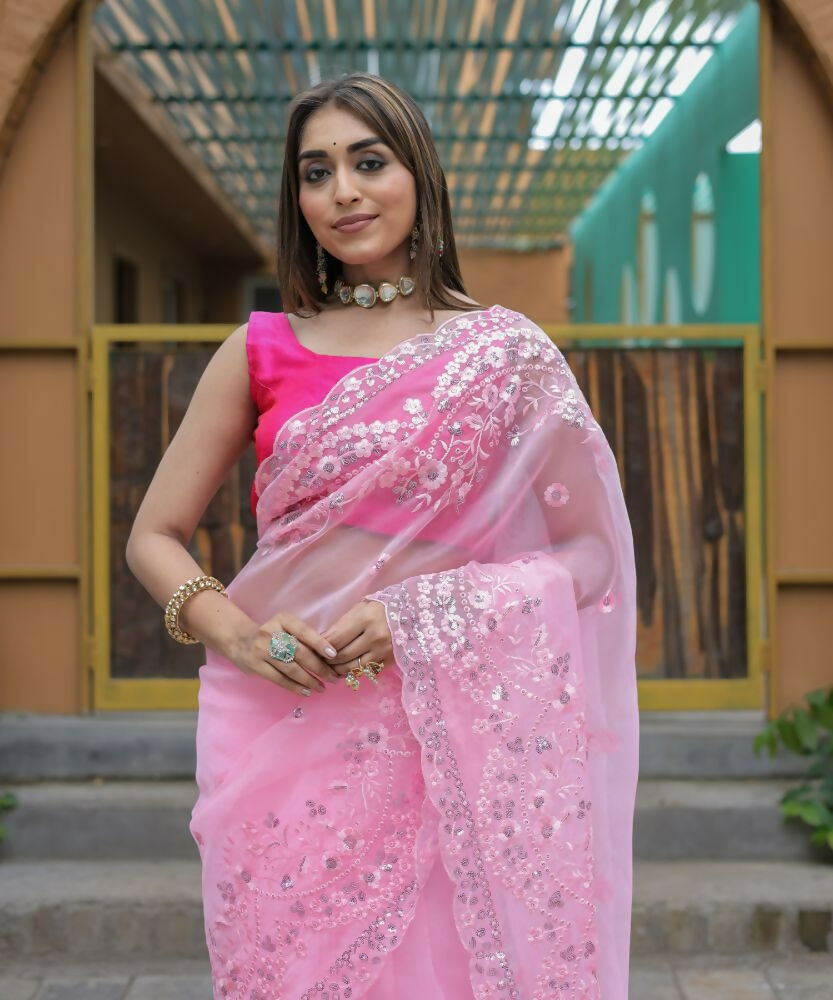 Vamsee Kiki Baby-Pink Organza Saree - Swadesiicart