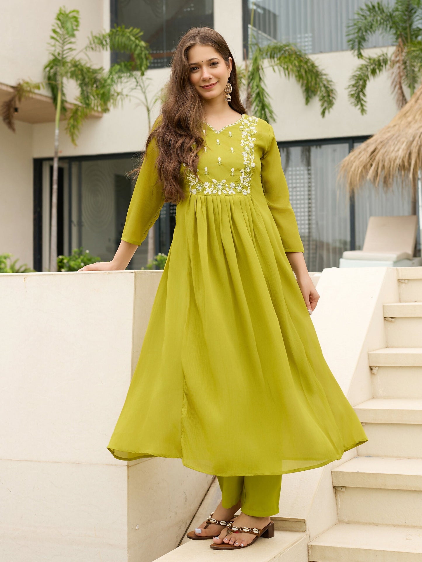 The52 Lemons Women's Gorgeous Chinon Embroidered Flared Kurta with Pant And Dupatta Set - Swadesiicart